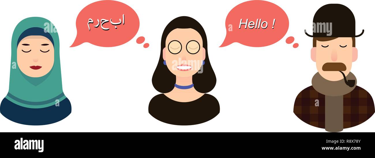 Comunicazione internazionale il concetto di traduzione illustrazione. turisti o uomini di affari o politici di lingua araba e paese Inghilterra comunicano attraverso un traduttore ragazza e la ragazza di hijab Illustrazione Vettoriale