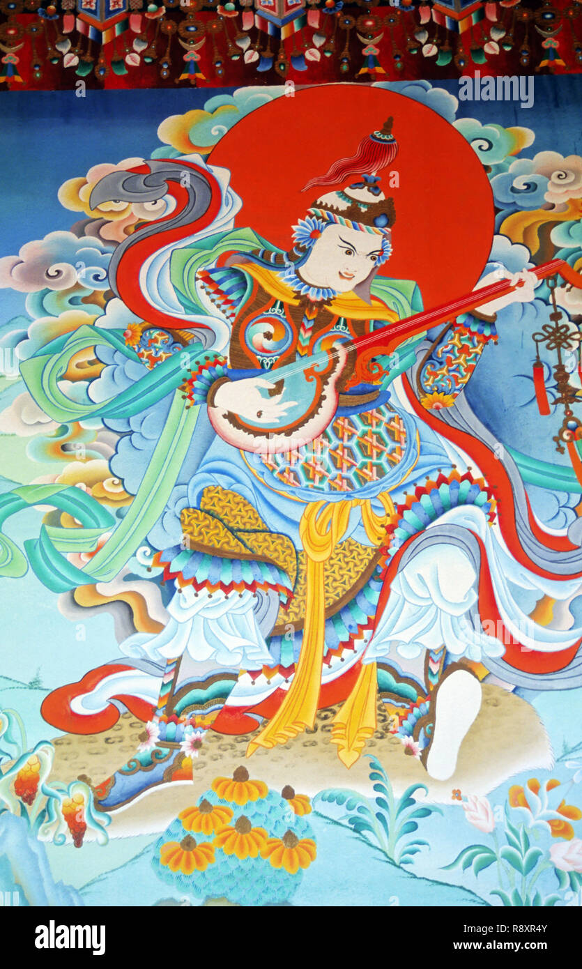 Pitture Murali, monastero tibetano, Bodh Gaya, Bihar, in India Foto Stock