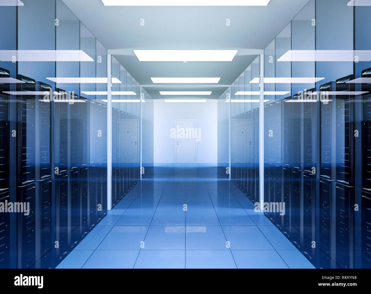 Rete e Internet Tecnologia di comunicazione in data center server room interior, rendering 3D Foto Stock