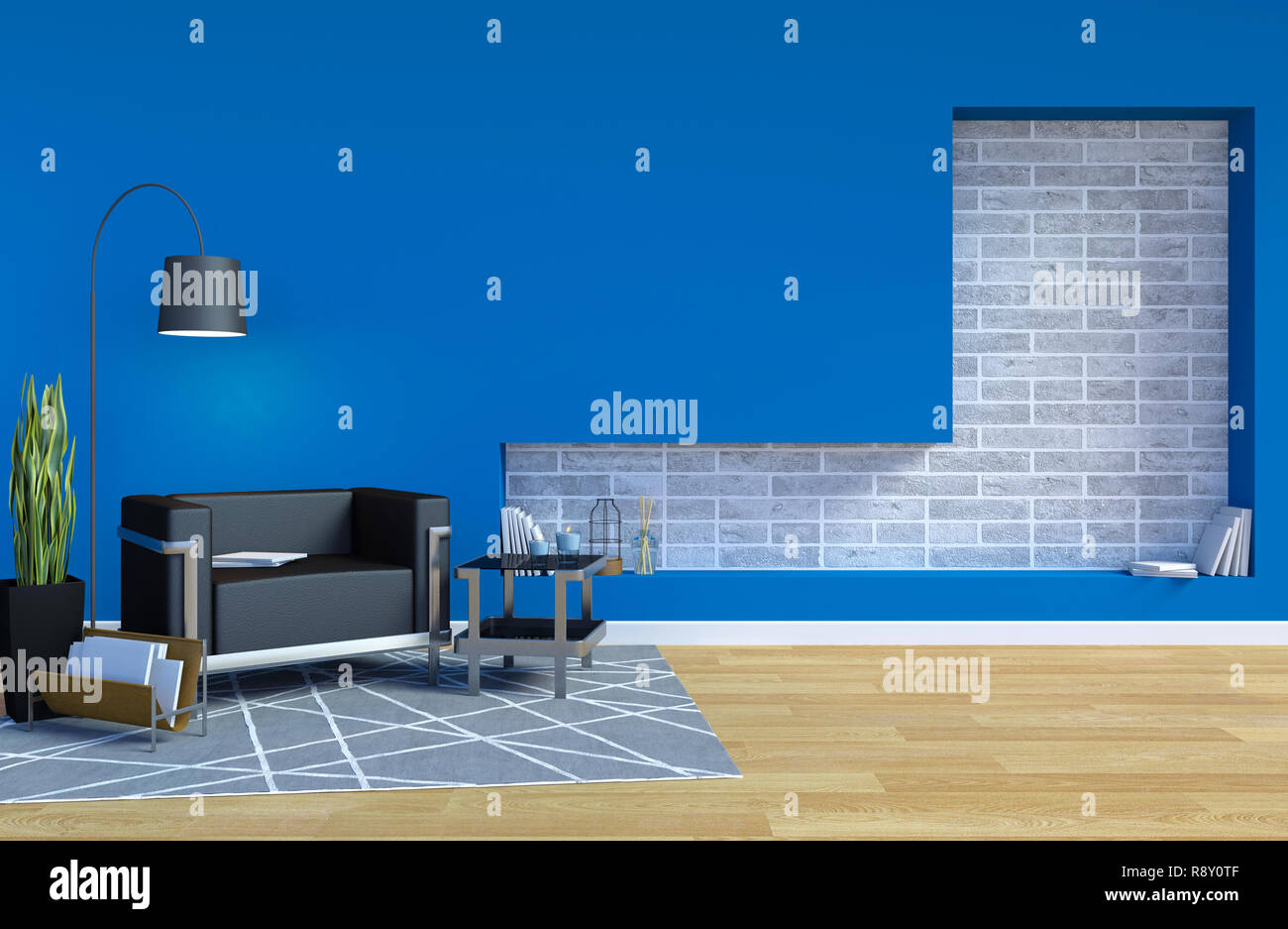 Moderno e Contemporaneo salotto interno con parete blu e copia di spazio sulla parete per Mock up, rendering 3D Foto Stock