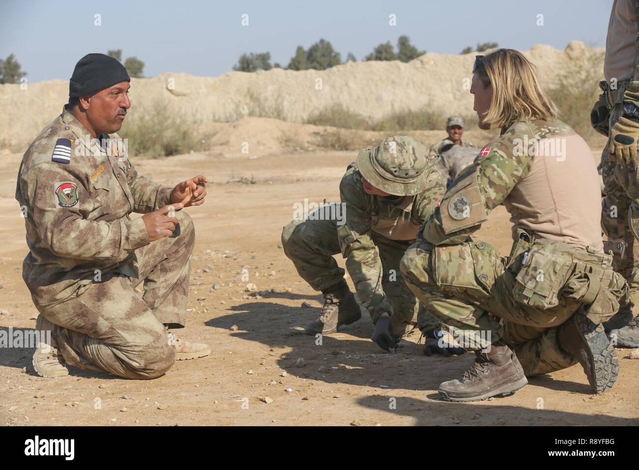 Una delle forze di sicurezza irachene soldato e formatori danese discutere di efficaci metodi di checkpoint durante il corso di formazione al Asad Air Base, Iraq, 9 marzo 2017. La formazione a costruire la capacità del partner sites è parte integrante della Combined Joint Task Force - Funzionamento inerenti risolvere la coalizione globale impegno di addestrare le forze di sicurezza irachene personale per sconfiggere ISIS. CJTF-funzione OIR è la coalizione globale per sconfiggere ISIS in Iraq e la Siria. Foto Stock