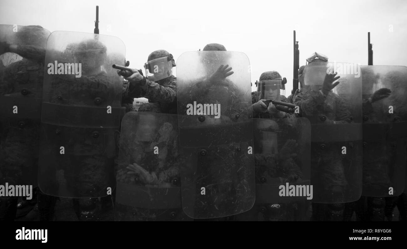 Stati Uniti Marines con il Mar Nero La forza di rotazione 17.1 abbassare i loro scudi e prepararsi al fuoco non letali durante una sommossa gamma di controllo a bordo di Mihail Kogalniceanu Air Base, Romania, 16 marzo 2017. La gamma è stata una parte di armi non letali corso di formazione che Marines addestrato per essere pronti in caso di risposta in caso di crisi della situazione. Foto Stock