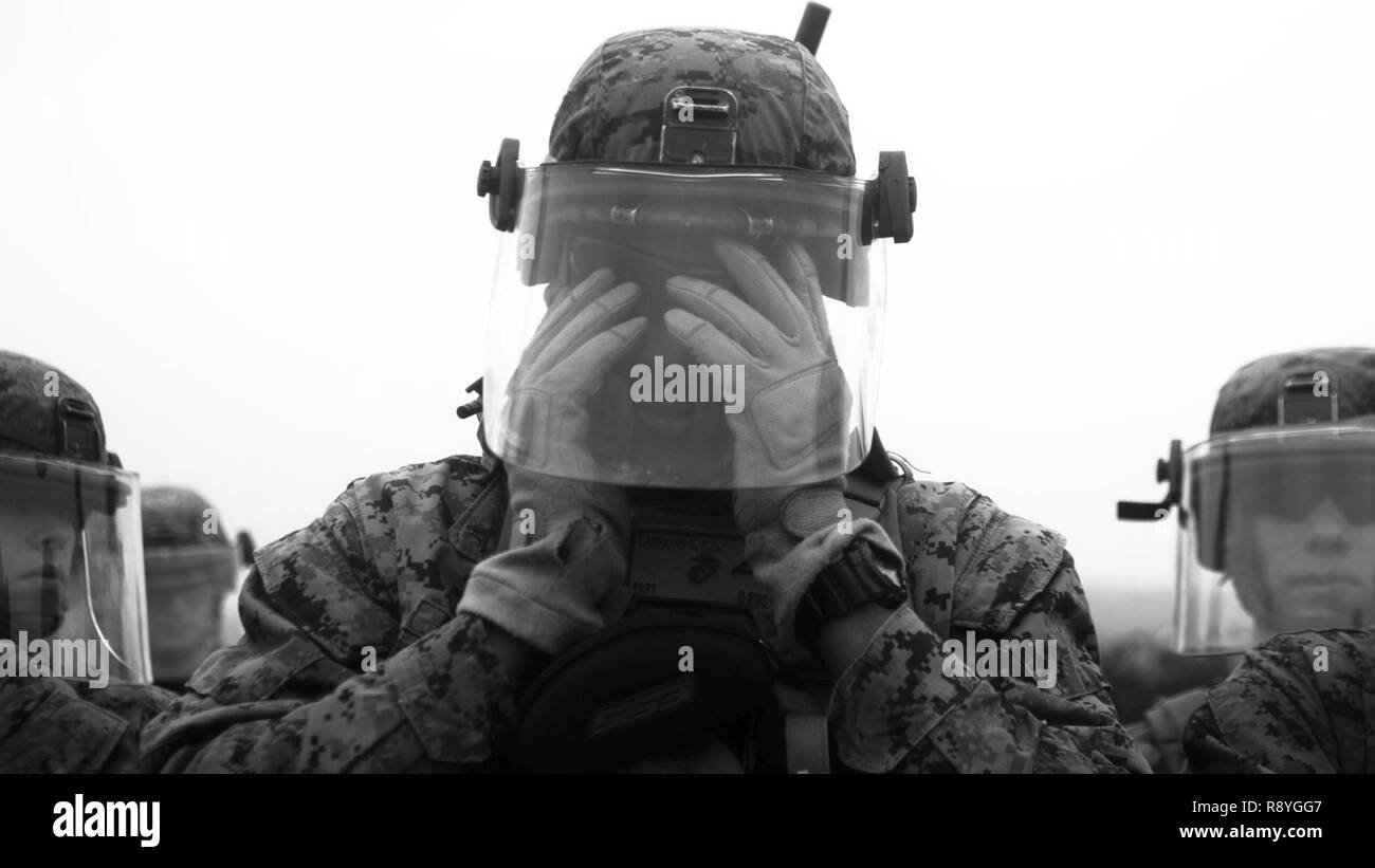 Un U.S. Marine con il Mar Nero La forza di rotazione 17.1 si prepara per una sommossa gamma di controllo a bordo di Mihail Kogalniceanu Air Base, Romania, 16 marzo 2017. La gamma è stata una parte di armi non letali corso di formazione che Marines addestrato per essere pronti in caso di risposta in caso di crisi della situazione. Foto Stock