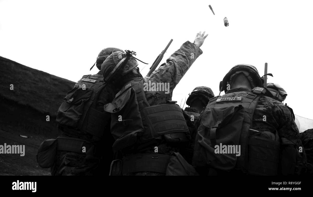 Un U.S. Marine con il Mar Nero La forza di rotazione 17.1 Lancia una granata a percussione su antisommossa formazione durante una sommossa gamma di controllo a bordo di Mihail Kogalniceanu Air Base, Romania, 16 marzo 2017. La gamma è stata una parte di armi non letali corso di formazione che Marines addestrato per essere pronti in caso di risposta in caso di crisi della situazione. Foto Stock