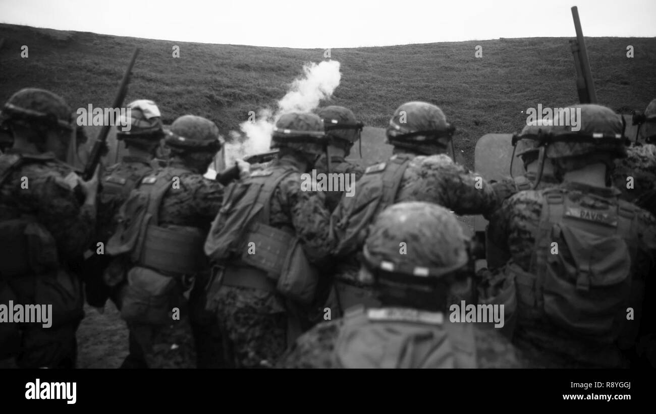 Stati Uniti Marines con il Mar Nero La forza di rotazione 17.1 marzo avanti insieme durante una sommossa gamma di controllo a bordo di Mihail Kogalniceanu Air Base, Romania, 16 marzo 2017. La gamma è stata una parte di armi non letali corso di formazione che Marines addestrato per essere pronti in caso di risposta in caso di crisi della situazione. Foto Stock