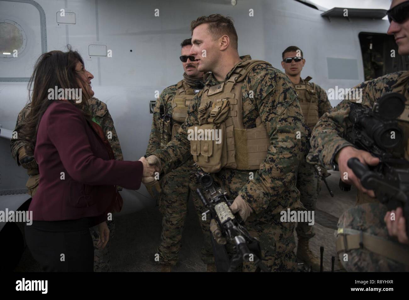 Cpl. Brandon L. Navoczynski, una macchina gunner assegnati a scopo speciale Marine Air Ground Task Force-Crisis Response-Africa, grandi incaricato d' affari Herro Mustafa durante una visualizzazione statica visualizza per esercitare il disgelo reale 17 a Beja, Portogallo, Marzo 14, 2017. SPMAGTF-CR-AF ha partecipato al disgelo reale 17, un portoghese-led forze congiunte esercizio, per migliorare l'interoperabilità e la capacità di cooperazione con gli alleati della NATO per il real-world operations. Foto Stock