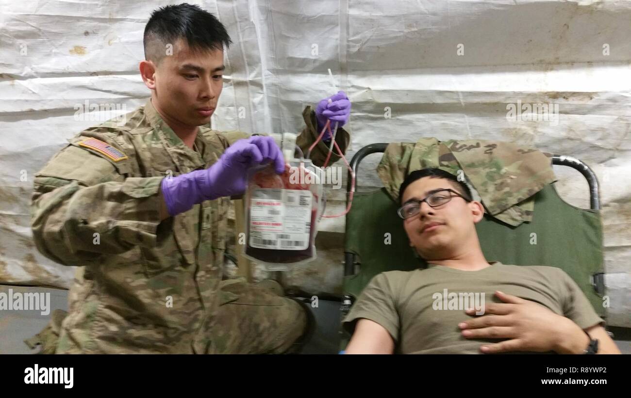 Stati Uniti Army Spc. Gary Tran, il personale medico, C truppa, Regimental squadrone di supporto, 2d della Cavalleria (sinistra), prepara Sgt. Eric Lorado per la raccolta del sangue durante un reggimento di sostegno difensivo Area esercizio di Grafenwoehr Area Formazione Feb 28, 2017. Soldati condotti di raccolta di sangue alla formazione al fine di convalidare RSA procedure difensive e mass casualty di operazioni all'interno di 2CR RSA in preparazione per la prossima Saber svincolo 17. Foto Stock