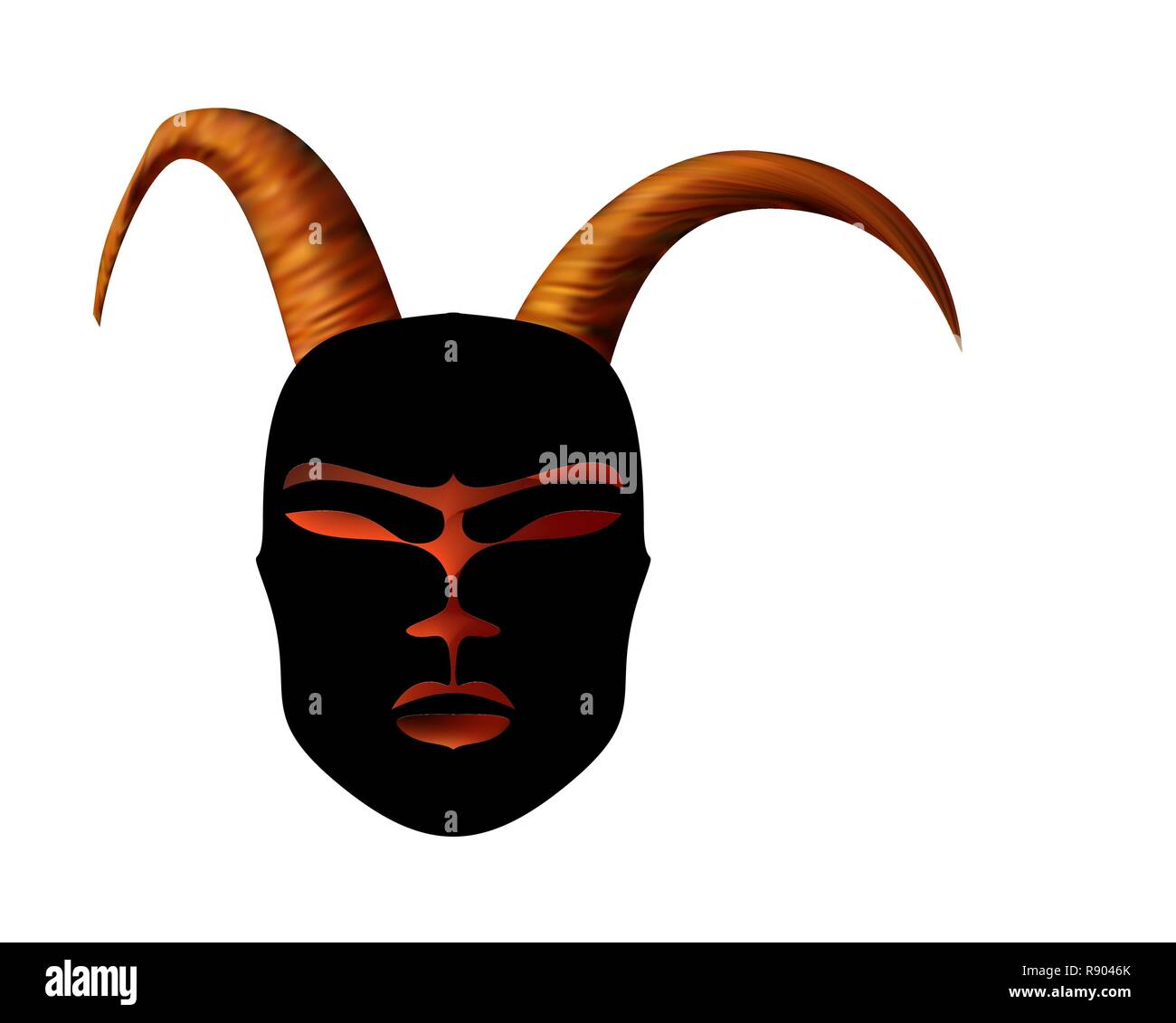 Maschera cornuta rituale antico in stile africano. Maschera nera con corna d'oro. Illustrazione Vettoriale