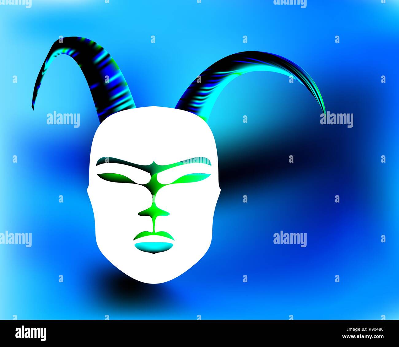 Maschera cornuta rituale antico in stile africano. Maschera nera con corna d'oro. Illustrazione Vettoriale