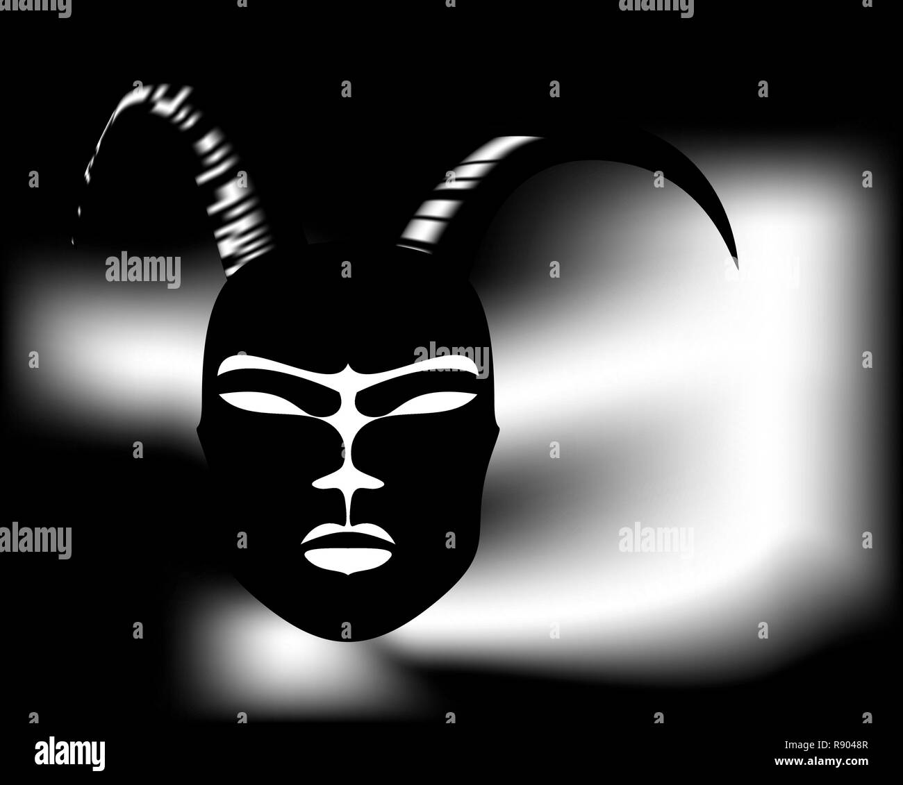 Maschera cornuta rituale antico in stile africano. Maschera nera con corna d'oro. Illustrazione Vettoriale