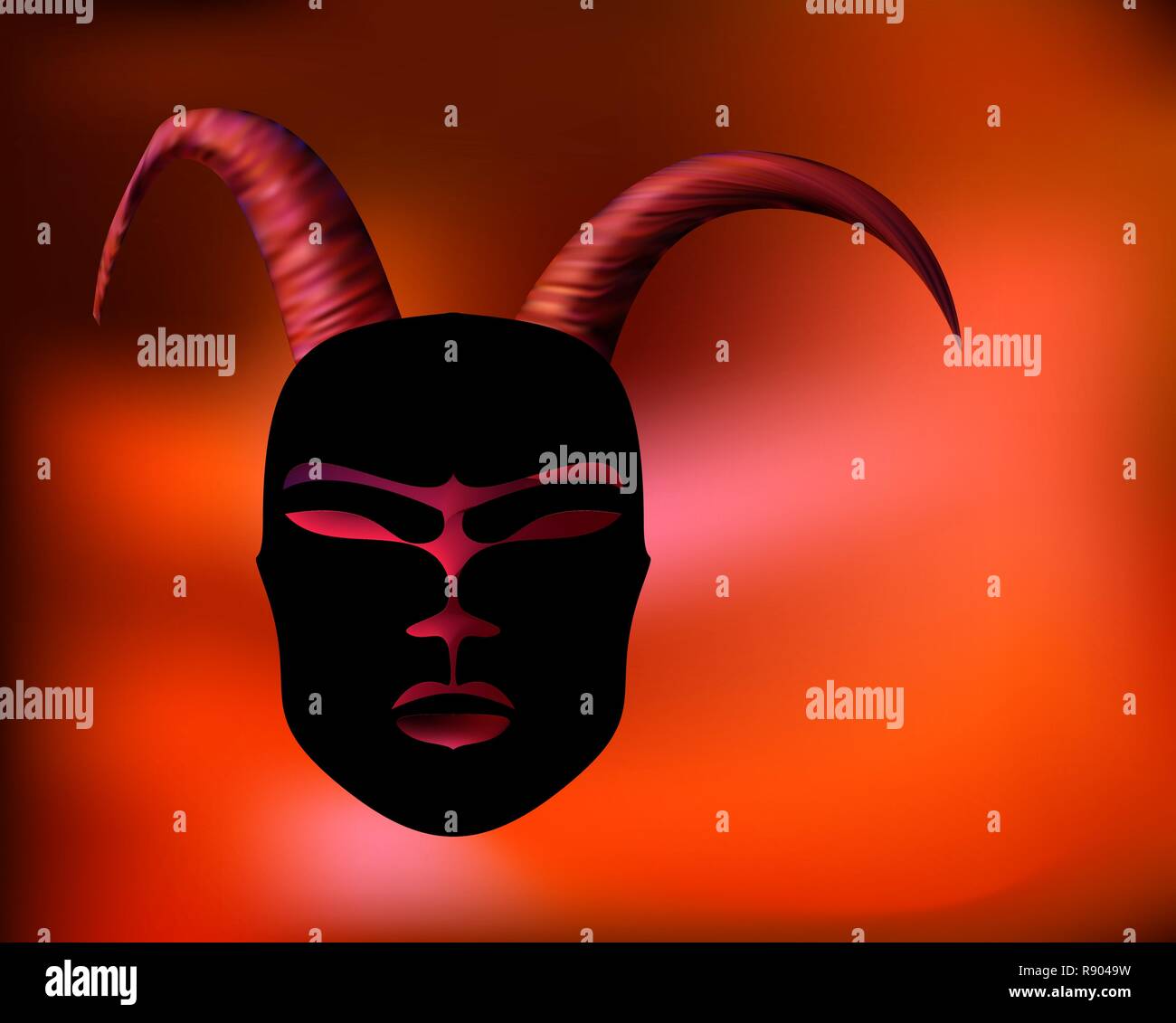 Maschera cornuta rituale antico in stile africano. Maschera nera con corna d'oro. Illustrazione Vettoriale