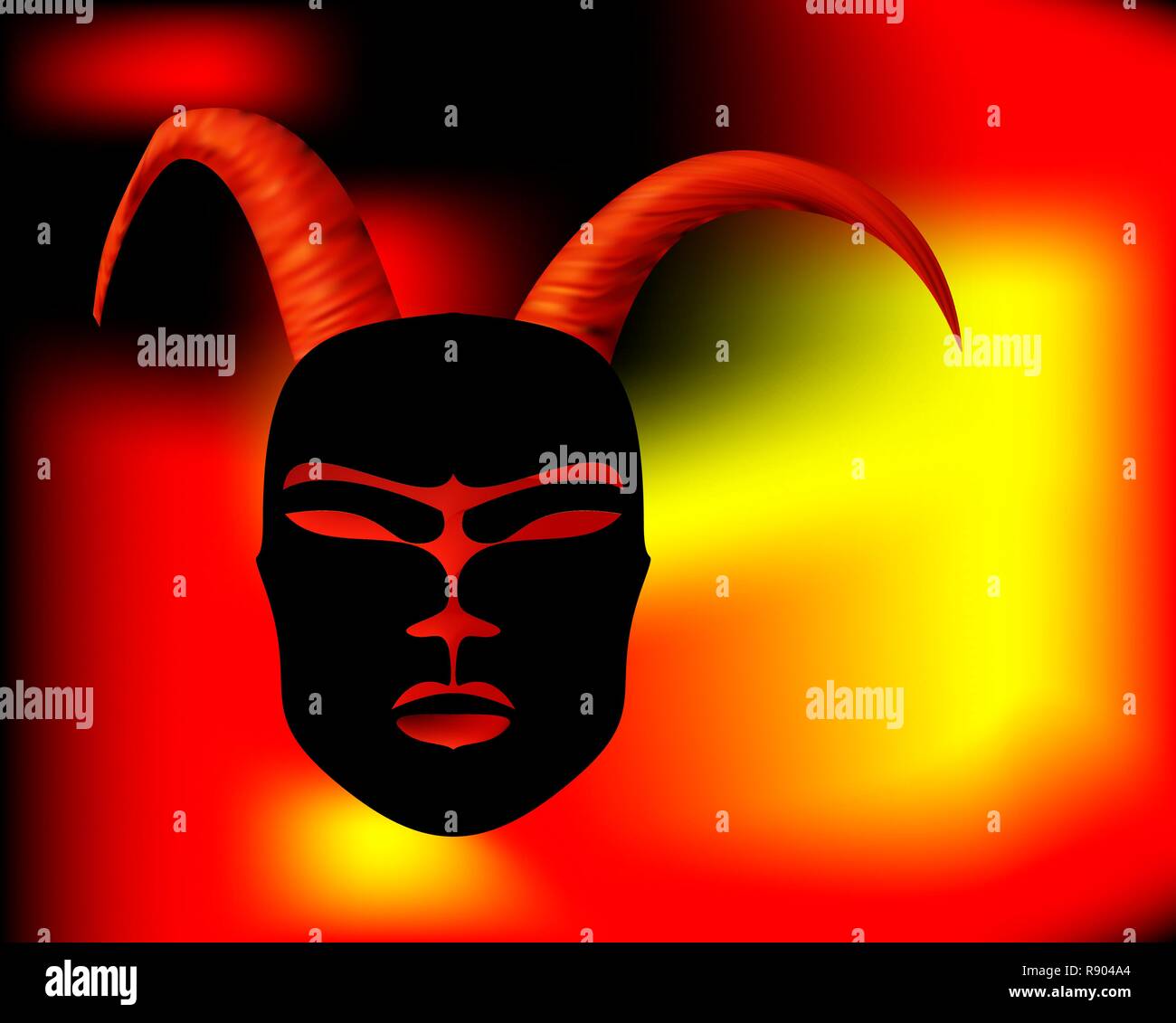 Maschera cornuta rituale antico in stile africano. Maschera nera con corna d'oro. Illustrazione Vettoriale