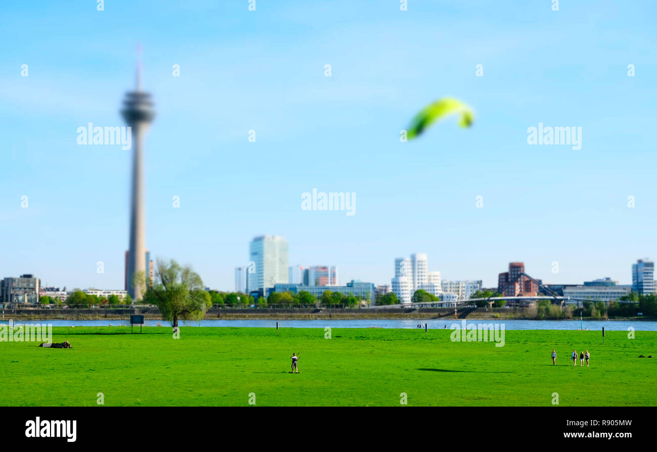 Kite guidatore di skateboard sui prati di sinistra Reno banca in Dusseldorf, Germania Foto Stock