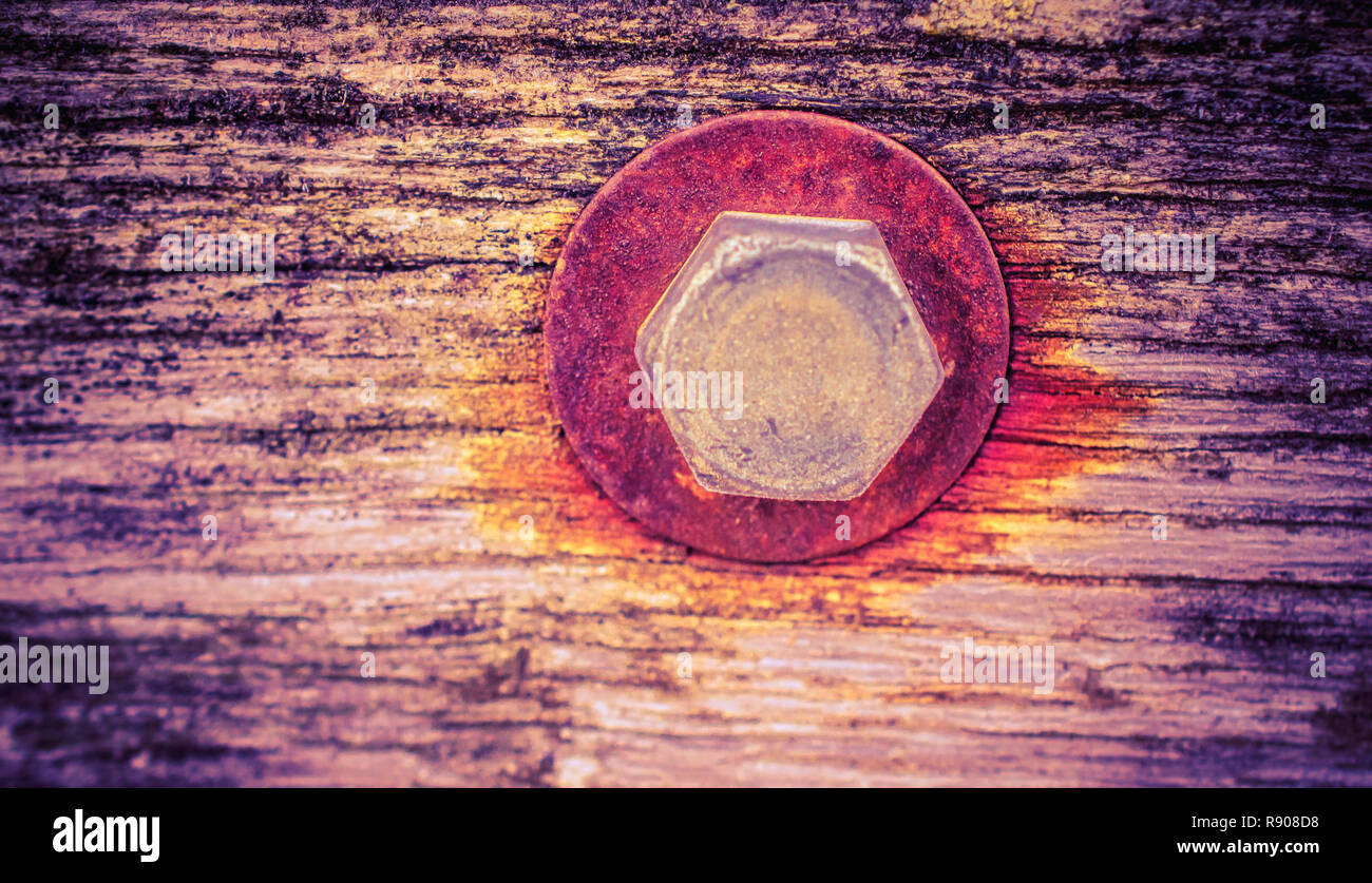 Vite arrugginito in un asse di legno Foto Stock