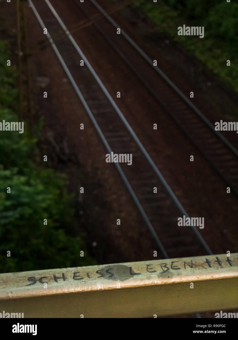 Graffito sul parapetto al di sopra di una linea ferroviaria, testo:   s..t vita , Foto Stock