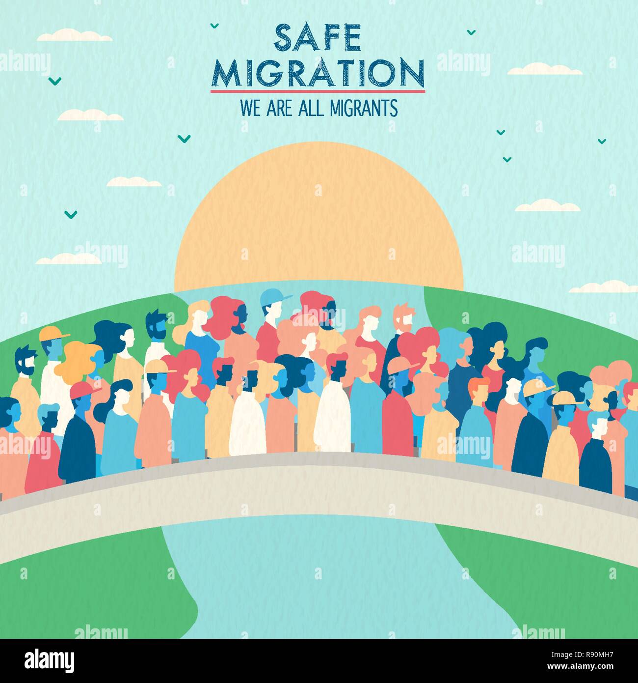 La Giornata Internazionale dei Migranti illustrazione, diversi gruppi di persone di diverse culture attraversando ponte per sicuro la migrazione globale o di rifugiato aiuto concetto. Illustrazione Vettoriale