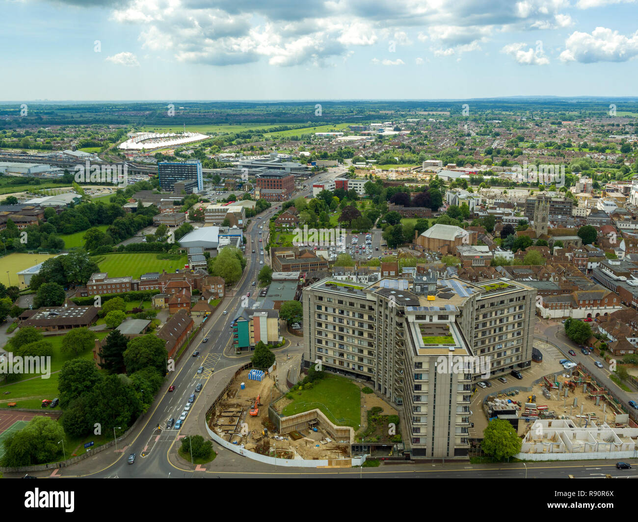 Vista aerea del panorama edificio e Ashford Town Center, Kent, Regno Unito Foto Stock