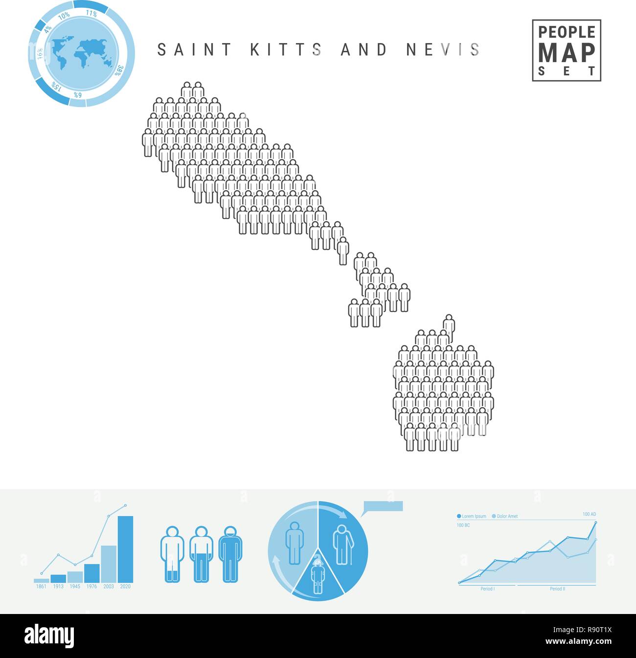 Saint Kitts e Nevis icona Persone Mappa. Vettore stilizzati Silhouette. Tasso di crescita e di invecchiamento della popolazione Infographics Illustrazione Vettoriale