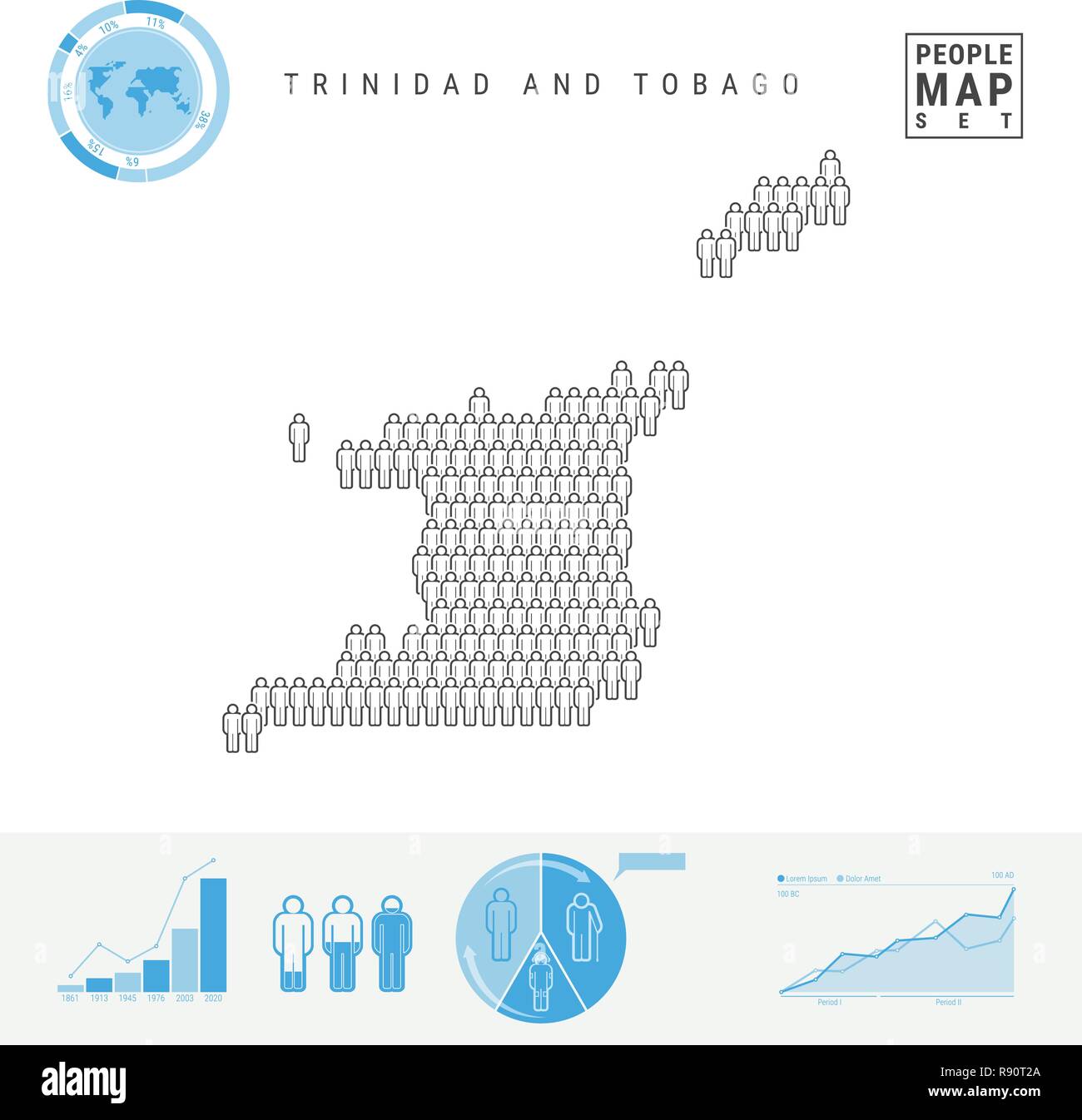 Trinidad e Tobago icona Persone Mappa. Vettore stilizzati Silhouette. Tasso di crescita e di invecchiamento della popolazione Infographics Illustrazione Vettoriale