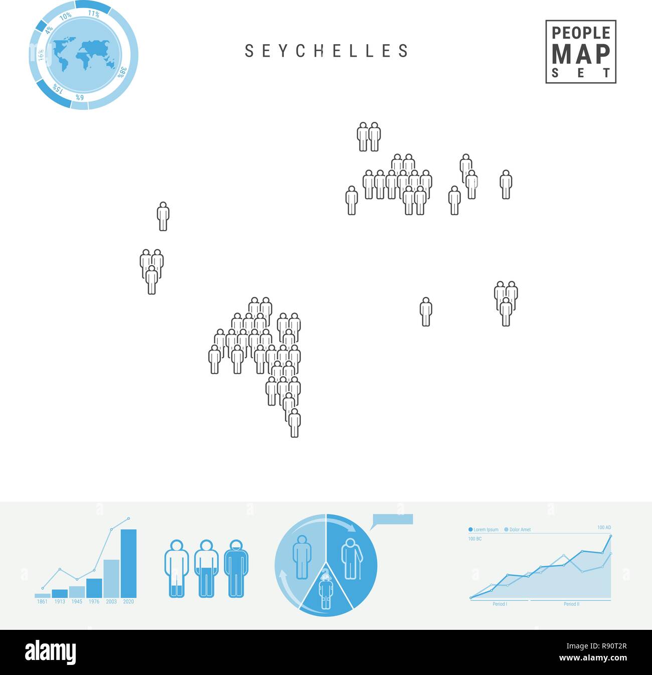 Seychelles People icona Mappa. Vettore stilizzati Silhouette delle Seicelle. Tasso di crescita e di invecchiamento della popolazione Infographics Illustrazione Vettoriale