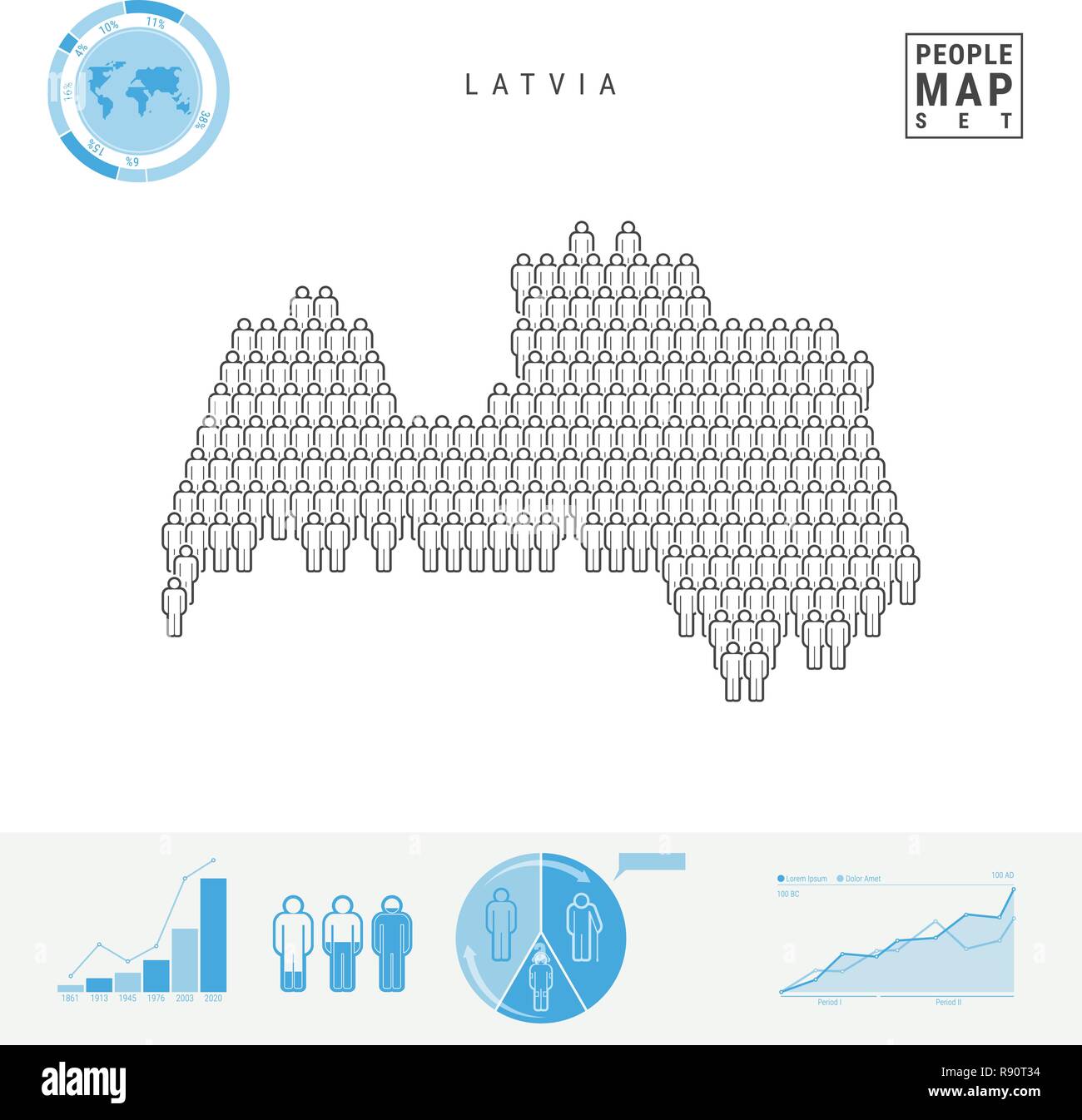 La lettonia icona Persone Mappa. Vettore stilizzati Silhouette della Lettonia. Tasso di crescita e di invecchiamento della popolazione Infographics Illustrazione Vettoriale