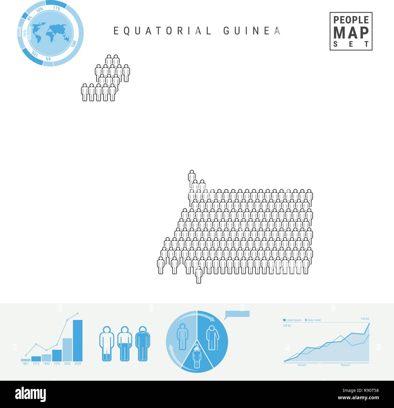 La Guinea equatoriale icona Persone Mappa. Vettore stilizzati Silhouette. Tasso di crescita e di invecchiamento della popolazione Infographics Illustrazione Vettoriale