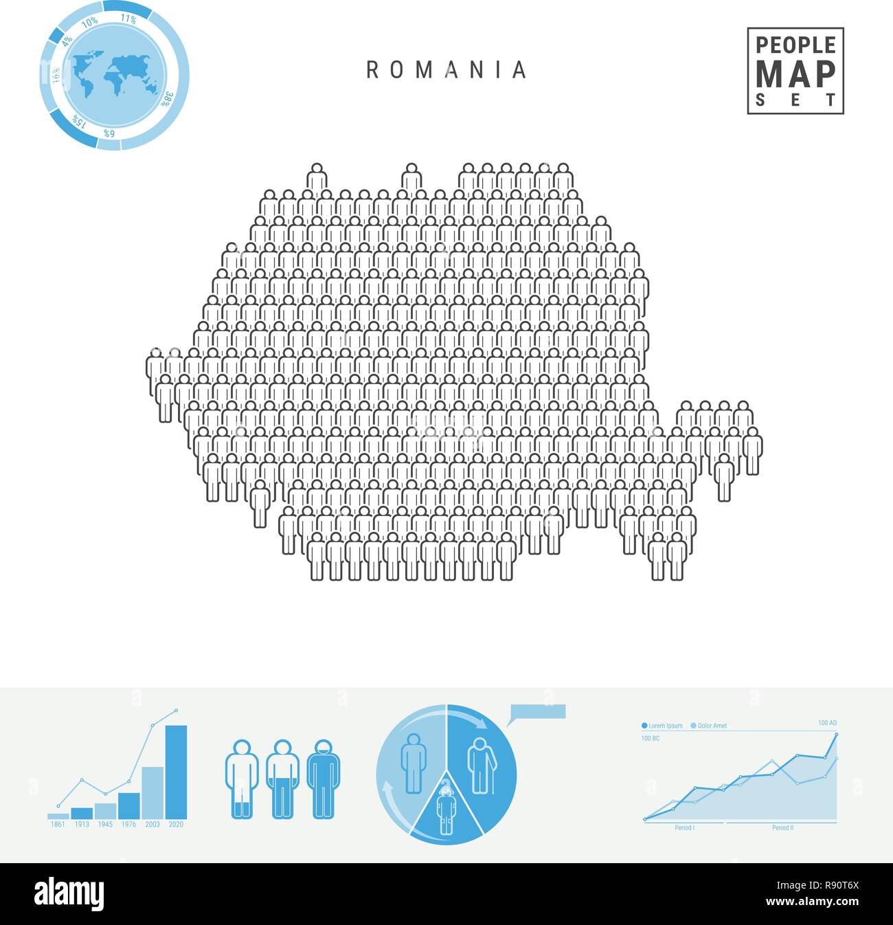 La Romania icona Persone Mappa. Vettore stilizzati Silhouette di Romania. Tasso di crescita e di invecchiamento della popolazione Infographics Illustrazione Vettoriale