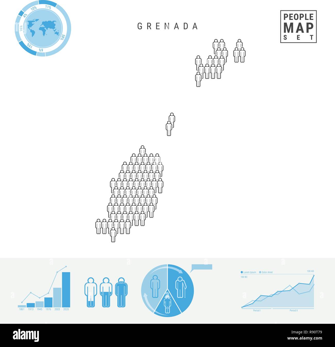 Grenada icona Persone Mappa. Vettore stilizzati Silhouette di Grenada. Tasso di crescita e di invecchiamento della popolazione Infographics Illustrazione Vettoriale