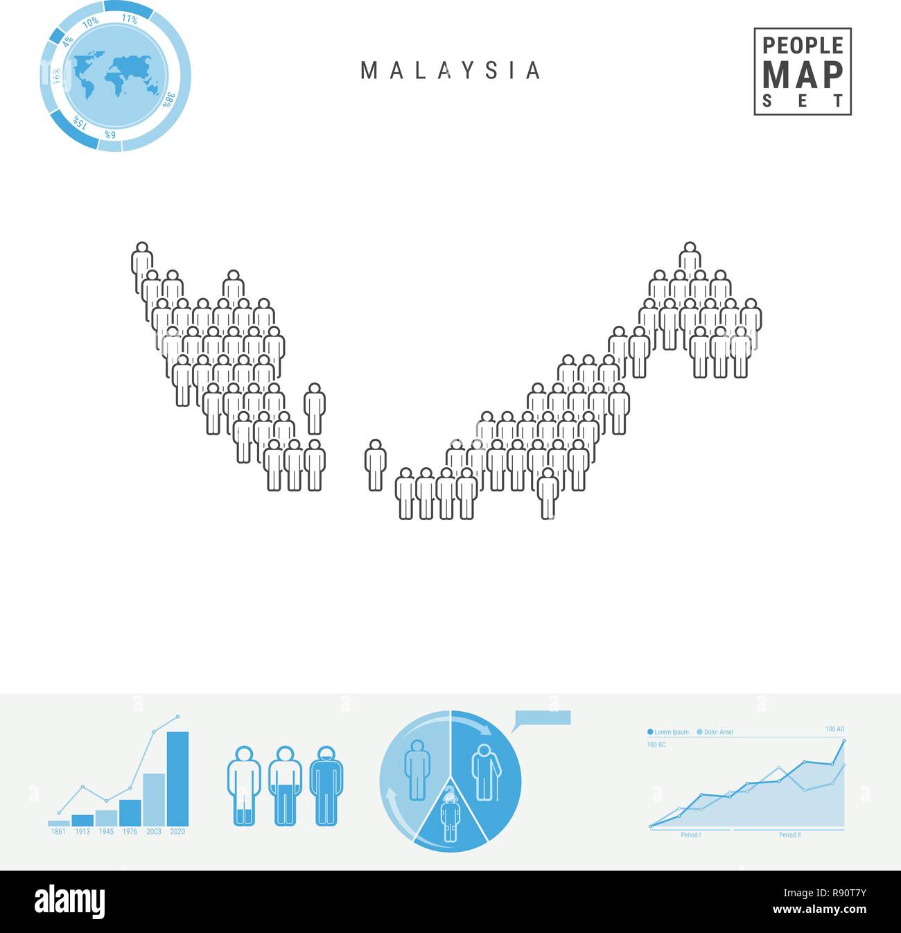Malaysia icona Persone Mappa. Vettore stilizzati Silhouette della Malaysia. Tasso di crescita e di invecchiamento della popolazione Infographics Illustrazione Vettoriale