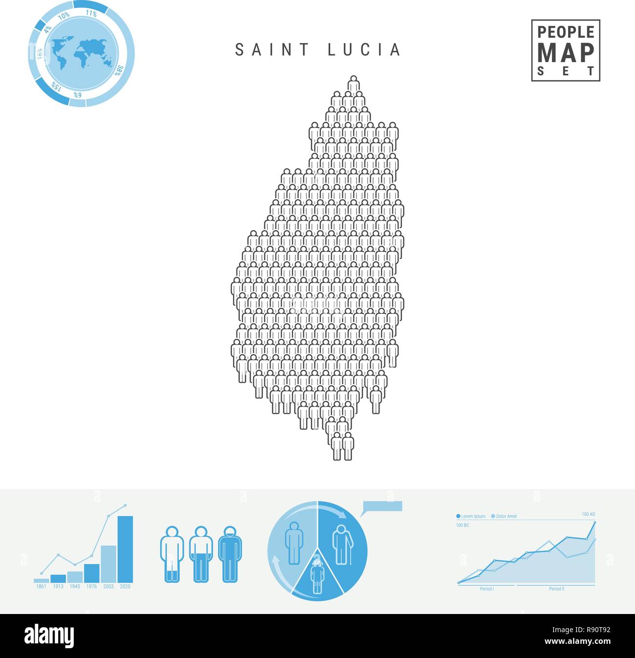 Saint Lucia icona Persone Mappa. Vettore stilizzati Silhouette di Santa Lucia. Tasso di crescita e di invecchiamento della popolazione Infographics Illustrazione Vettoriale