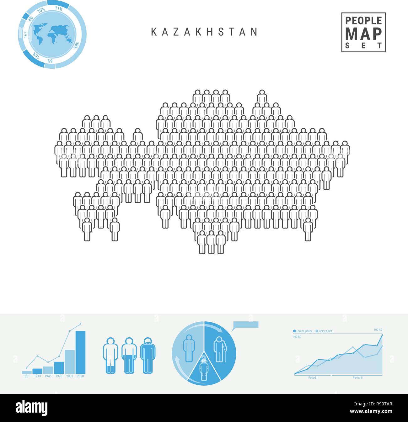 Il Kazakistan icona Persone Mappa. Vettore stilizzati Silhouette del Kazakistan. Tasso di crescita e di invecchiamento della popolazione Infographics Illustrazione Vettoriale