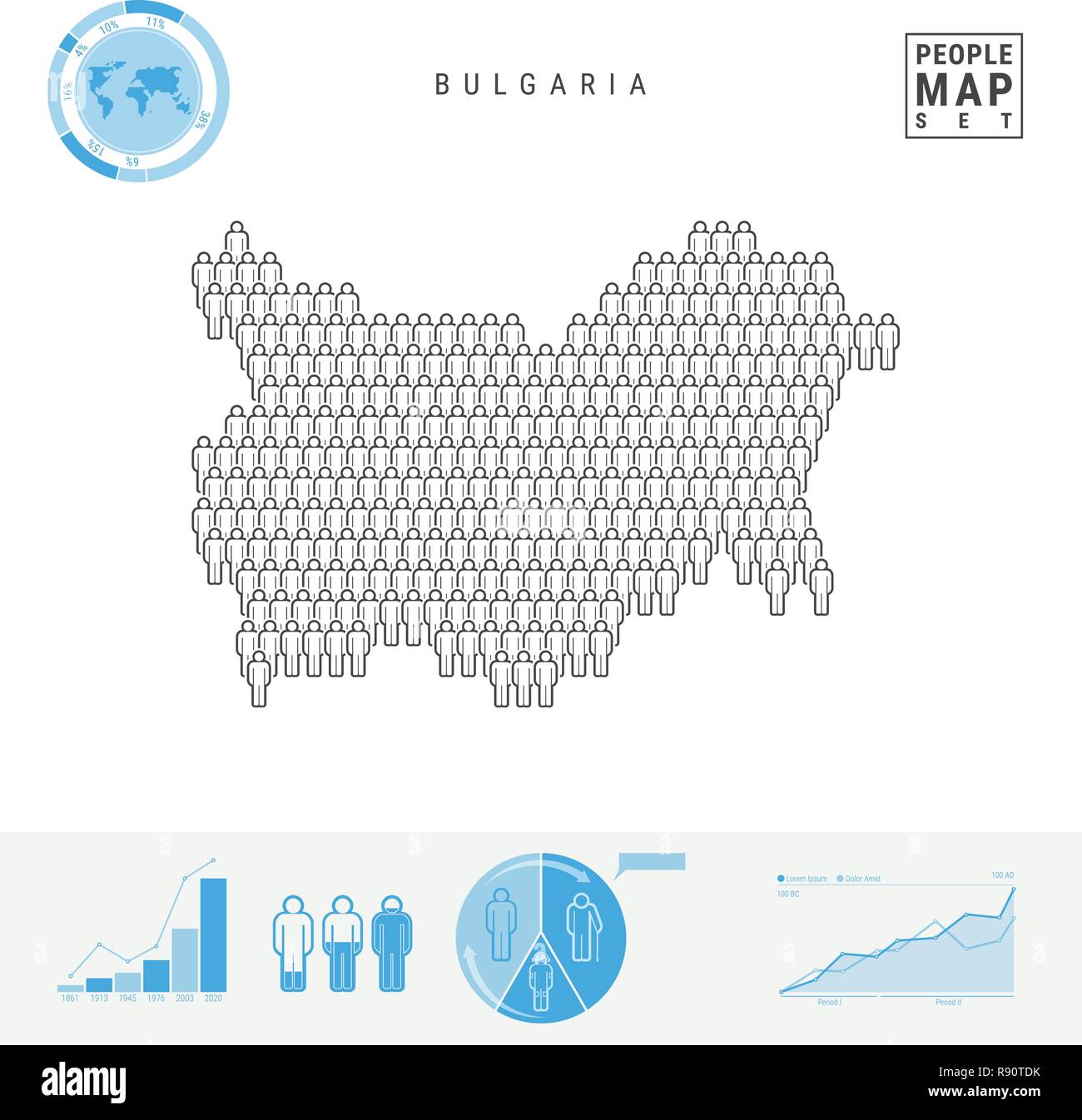 La Bulgaria icona Persone Mappa. Vettore stilizzati Silhouette della Bulgaria. Tasso di crescita e di invecchiamento della popolazione Infographics Illustrazione Vettoriale