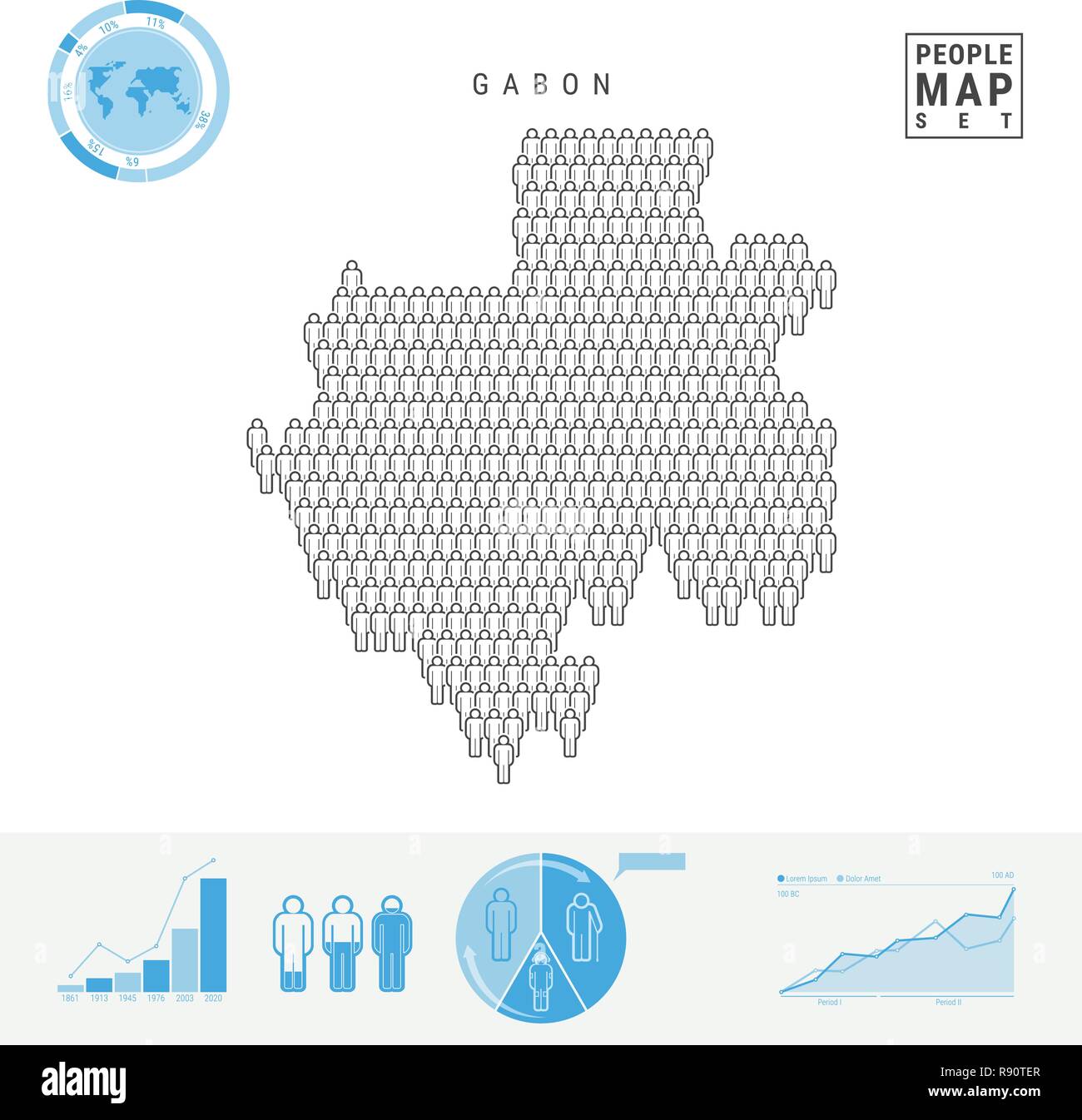 Il Gabon icona Persone Mappa. Vettore stilizzati Silhouette del Gabon. Tasso di crescita e di invecchiamento della popolazione Infographics Illustrazione Vettoriale