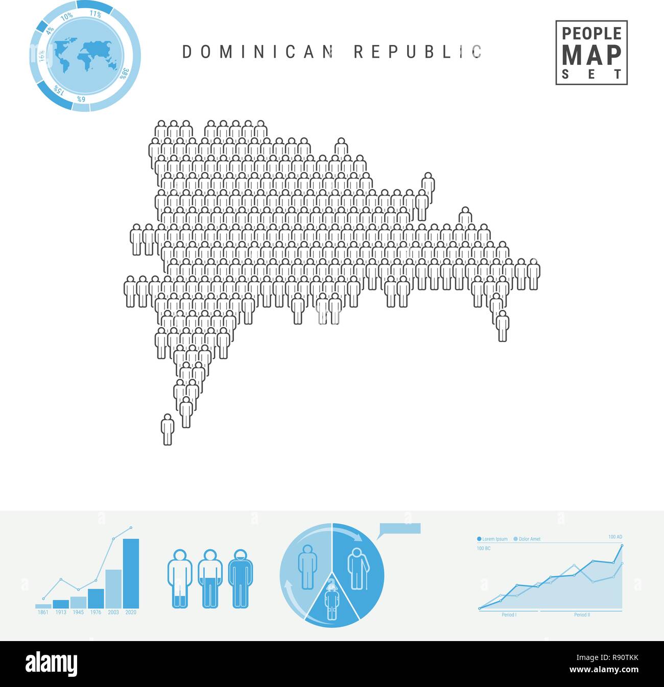 Repubblica Dominicana Persone Mappa Icona. Vettore stilizzati Silhouette. Tasso di crescita e di invecchiamento della popolazione Infographics Illustrazione Vettoriale