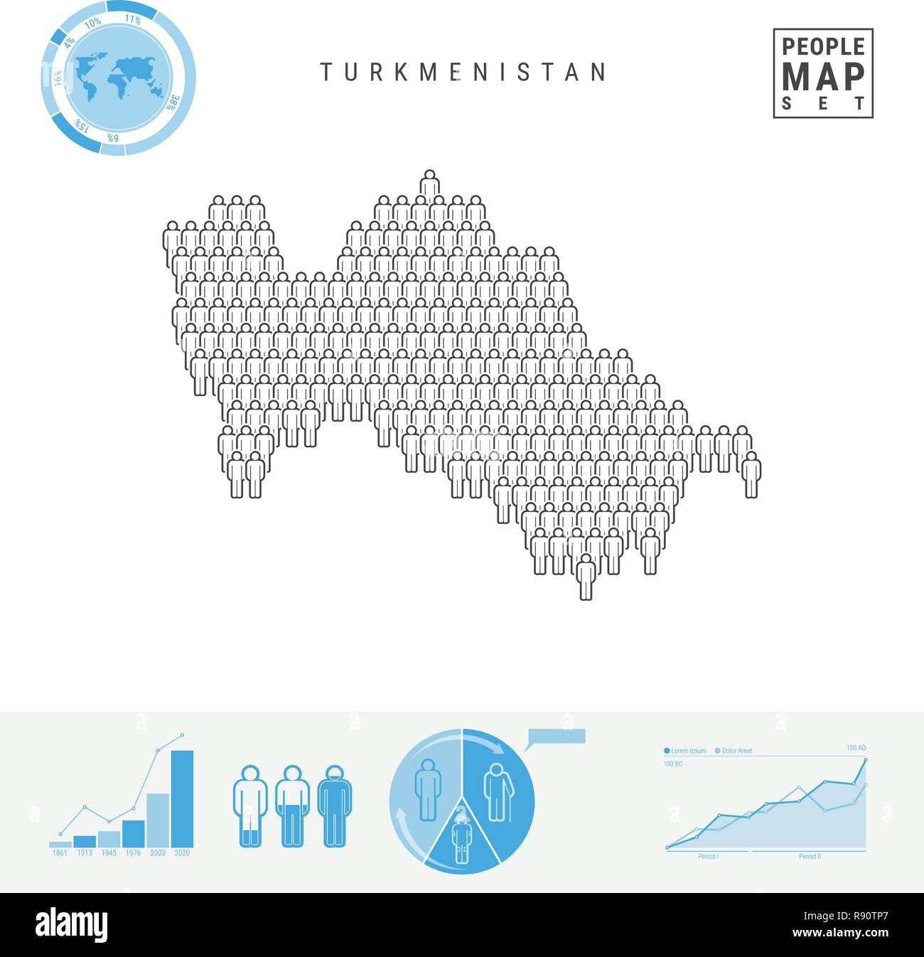 Turkmenistan icona Persone Mappa. Vettore stilizzati Silhouette del Turkmenistan. Tasso di crescita e di invecchiamento della popolazione Infographics Illustrazione Vettoriale