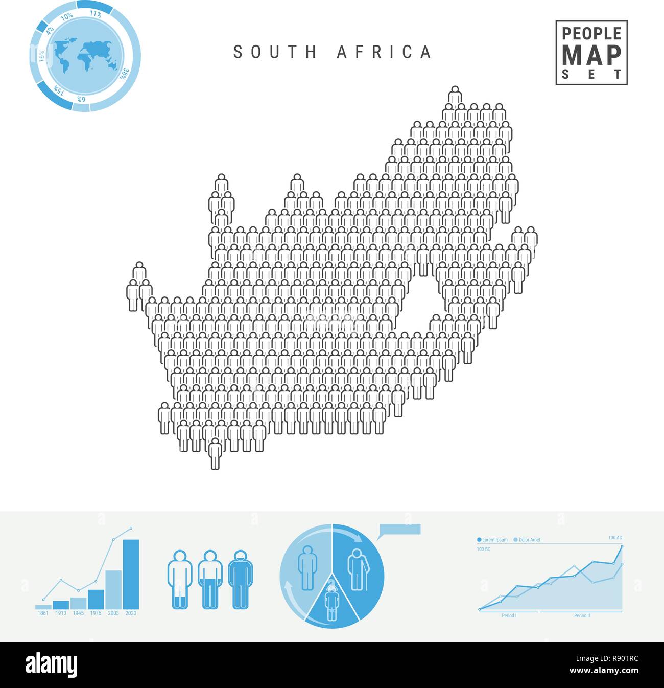 Sud Africa Persone Mappa Icona. Vettore stilizzati Silhouette del Sud Africa. Tasso di crescita e di invecchiamento della popolazione Infographics Illustrazione Vettoriale