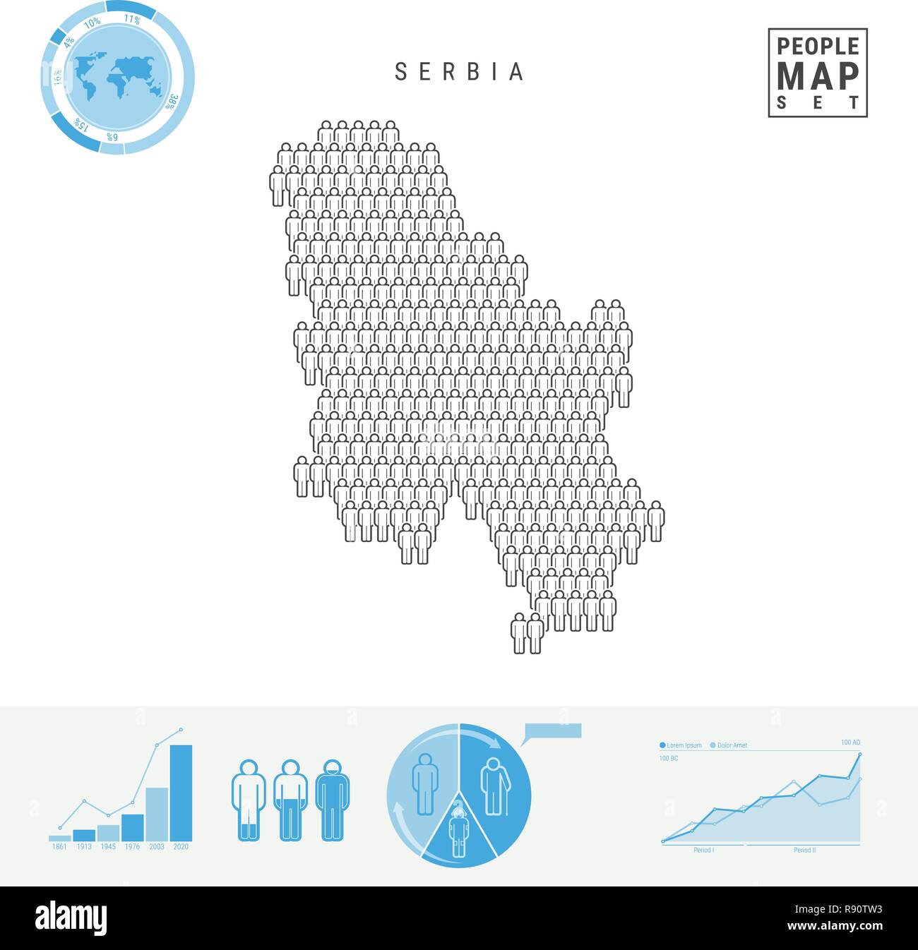 In Serbia la gente Mappa Icona. Vettore stilizzati Silhouette della Serbia. Tasso di crescita e di invecchiamento della popolazione Infographics Illustrazione Vettoriale