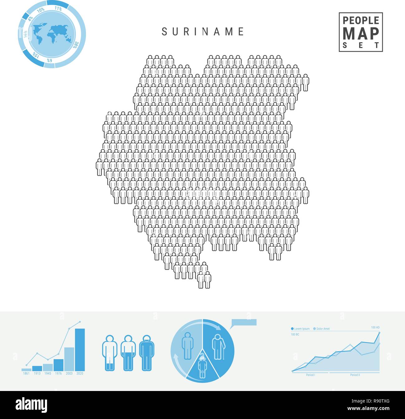 Suriname icona Persone Mappa. Stilizzata Silhouette di vettore del Suriname. Tasso di crescita e di invecchiamento della popolazione Infographics Illustrazione Vettoriale