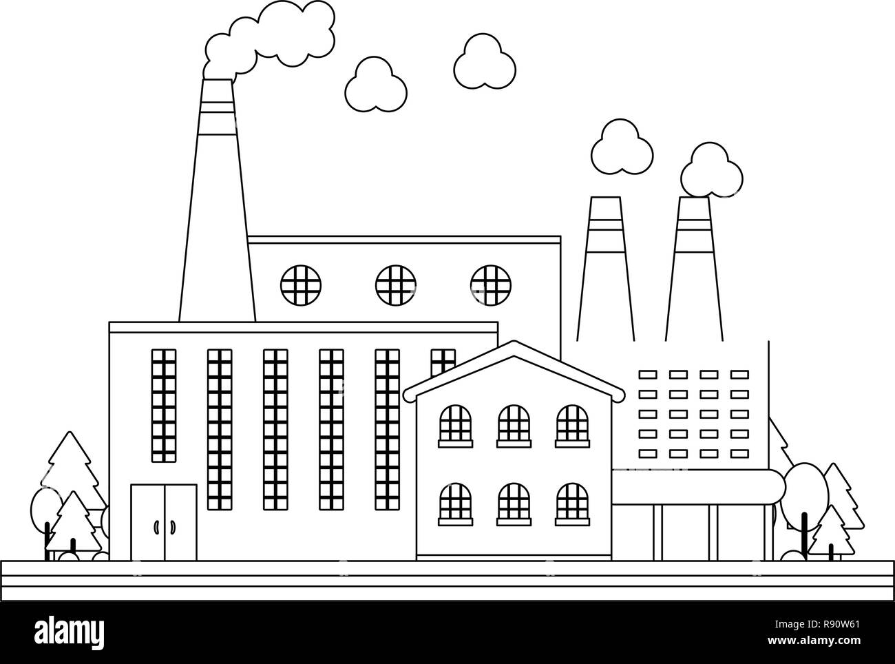 La fabbrica sulla strada in bianco e nero Illustrazione Vettoriale