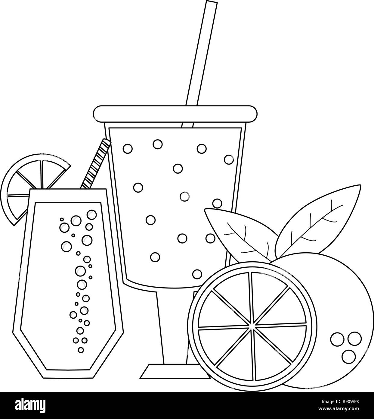 Succo di frutta e frullati in bianco e nero Illustrazione Vettoriale