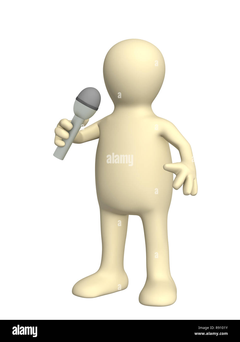 3d marionetta, cantando con un microfono - su bianco Foto Stock