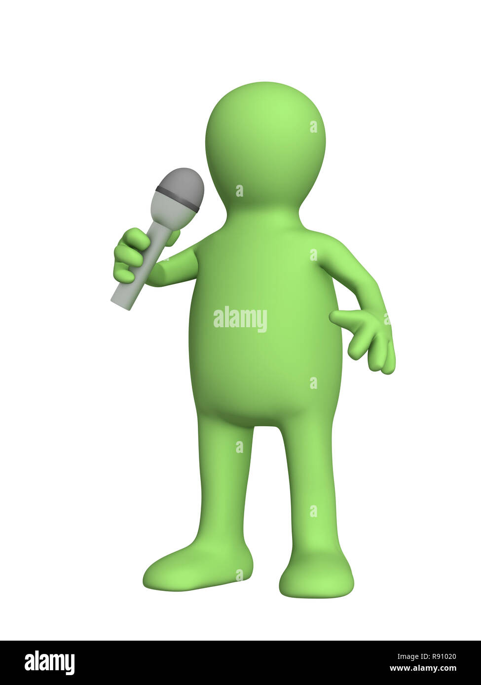 3d marionetta, cantando con un microfono - su bianco Foto Stock