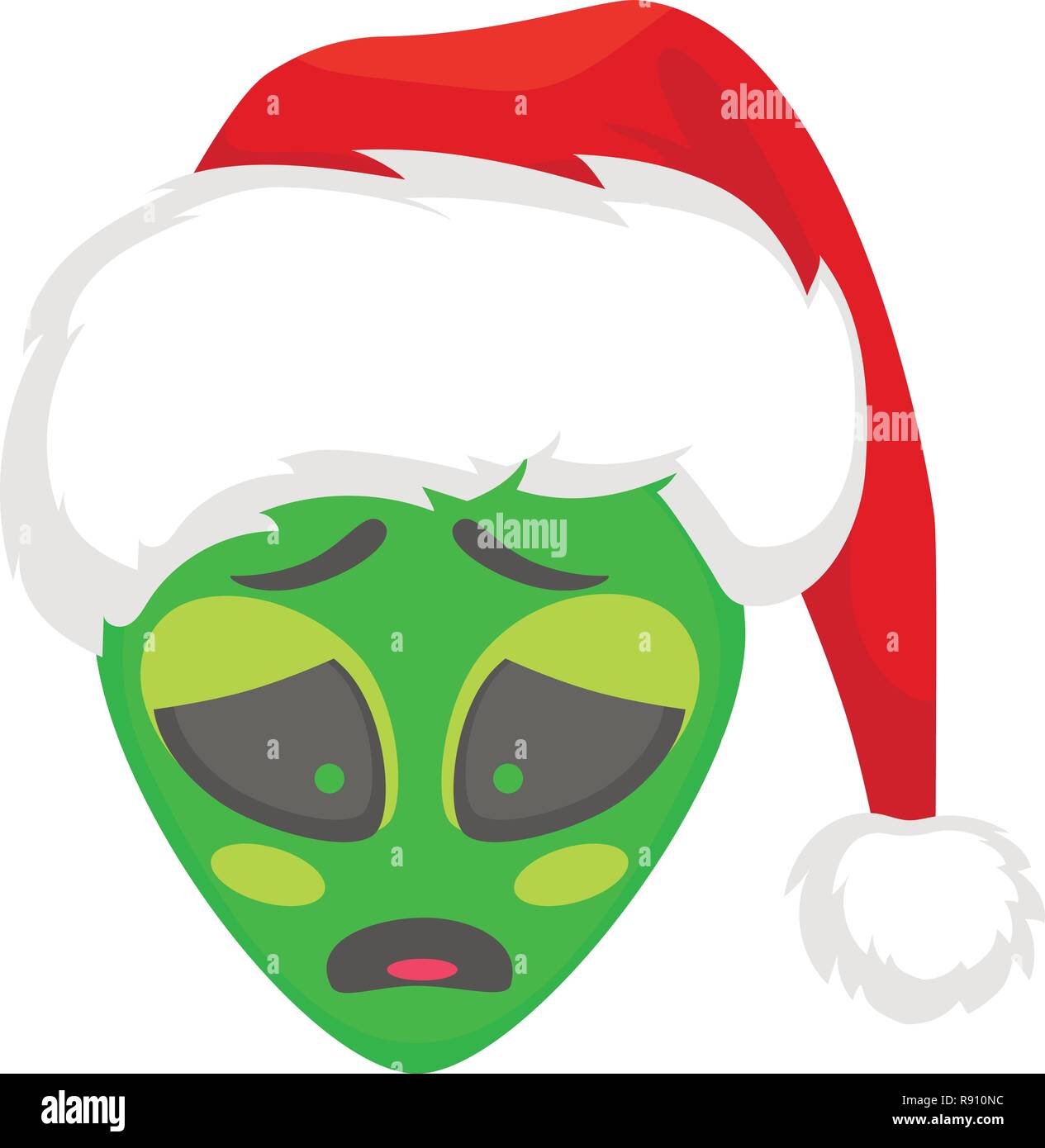 Alien face gli Emoji. Verde Alien testa in santa hat - triste. Humanoid illustrazione vettoriale Illustrazione Vettoriale