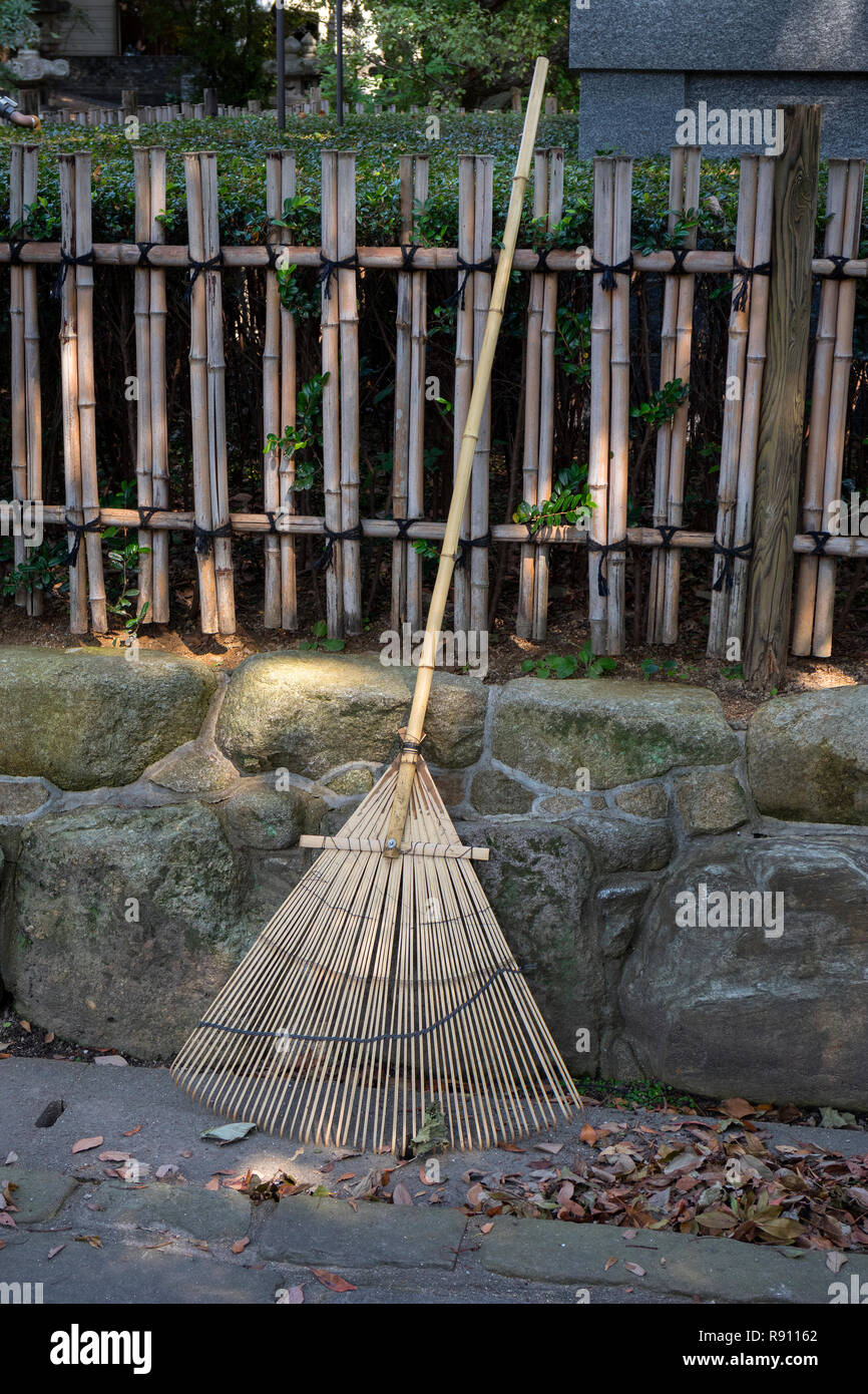 Il bambù rastrello appoggiato contro una recinzione in autunno Foto Stock