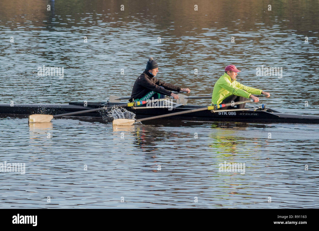 Due uomini di canottaggio scull una barca sul Trentham Gardens Lago in Inghilterra Staffordshire REGNO UNITO Foto Stock