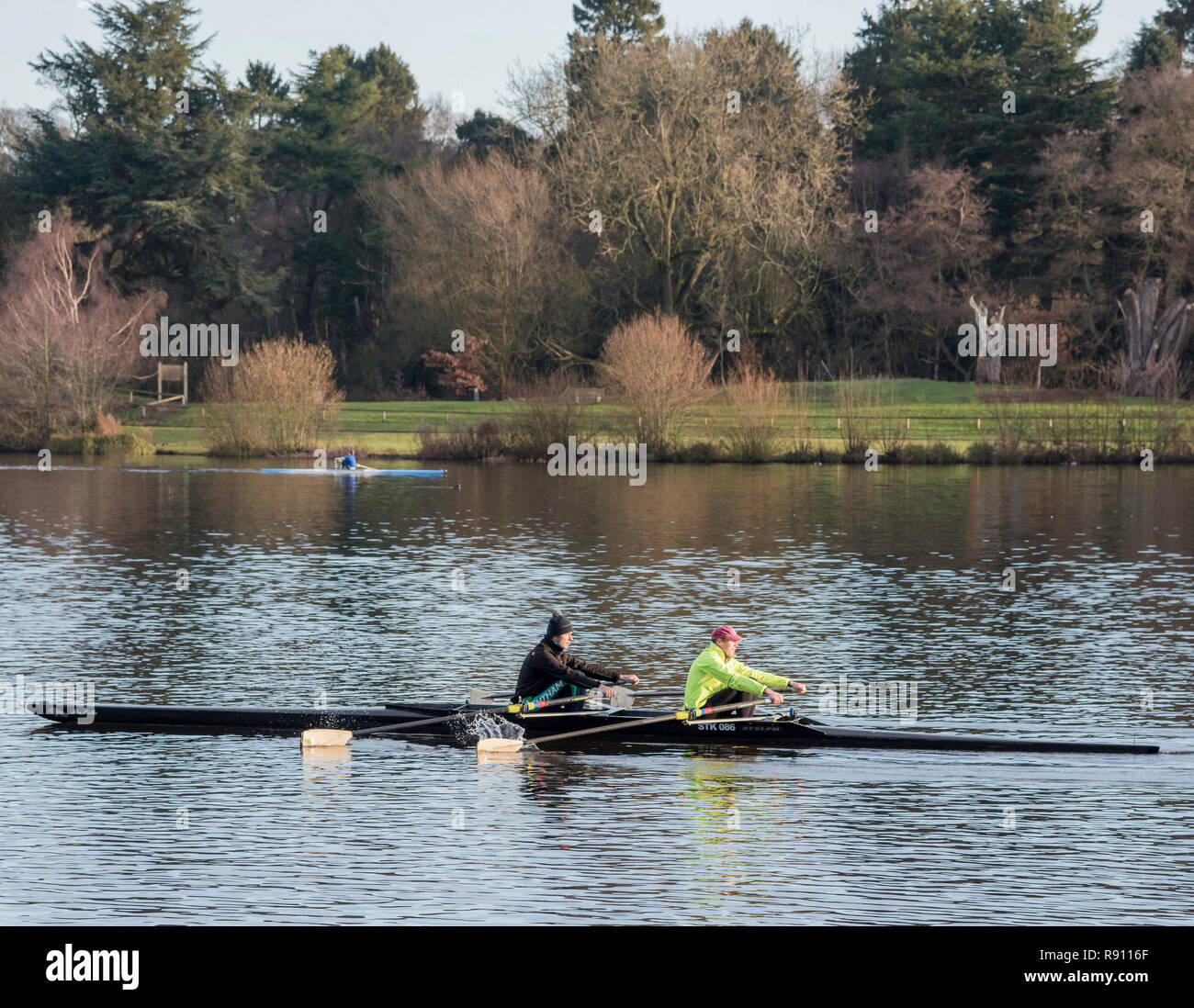 Due uomini di canottaggio scull una barca sul Trentham Gardens Lago in Inghilterra Staffordshire REGNO UNITO Foto Stock