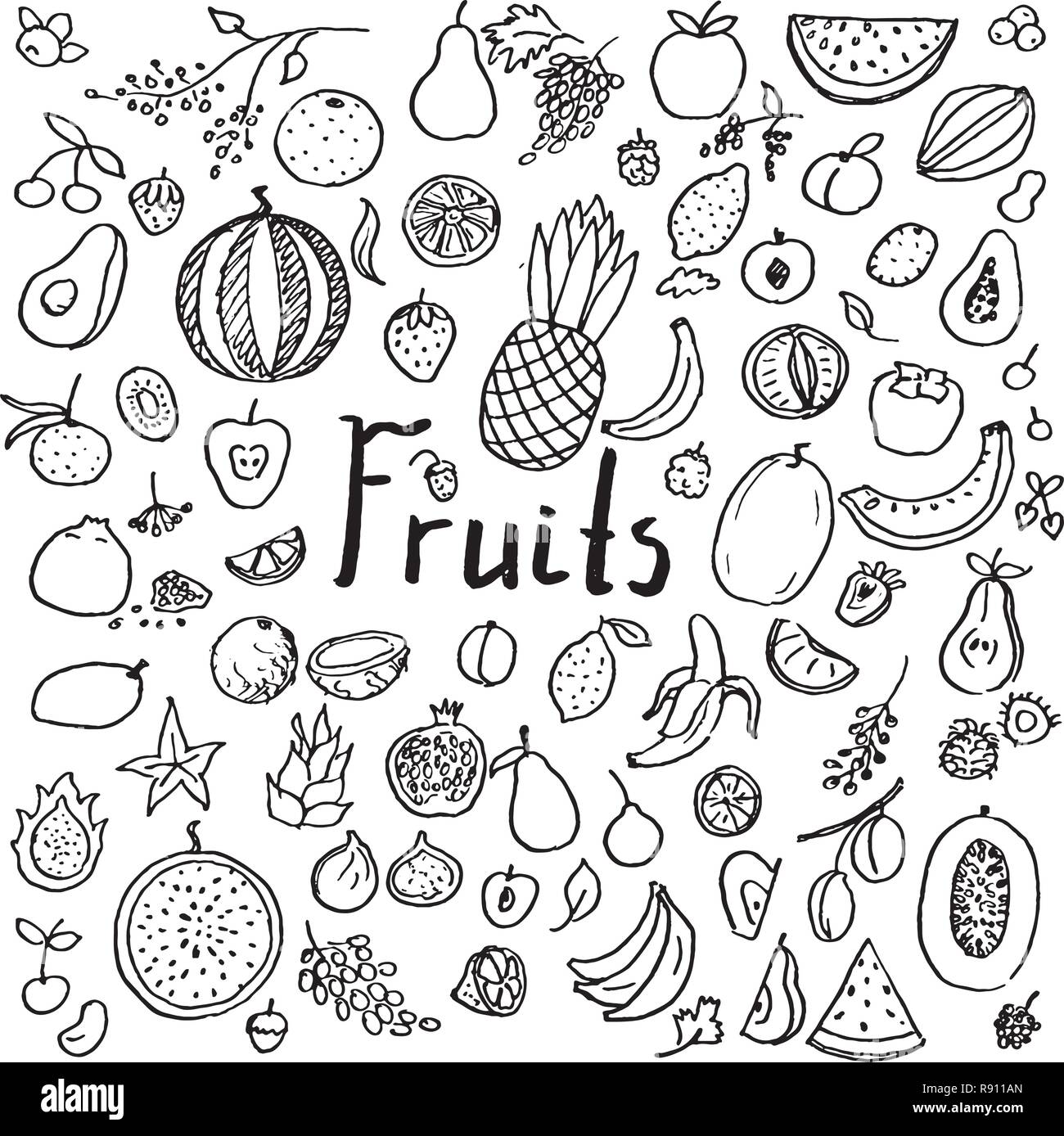 Set di disegnati a mano doodle frutti Illustrazione Vettoriale