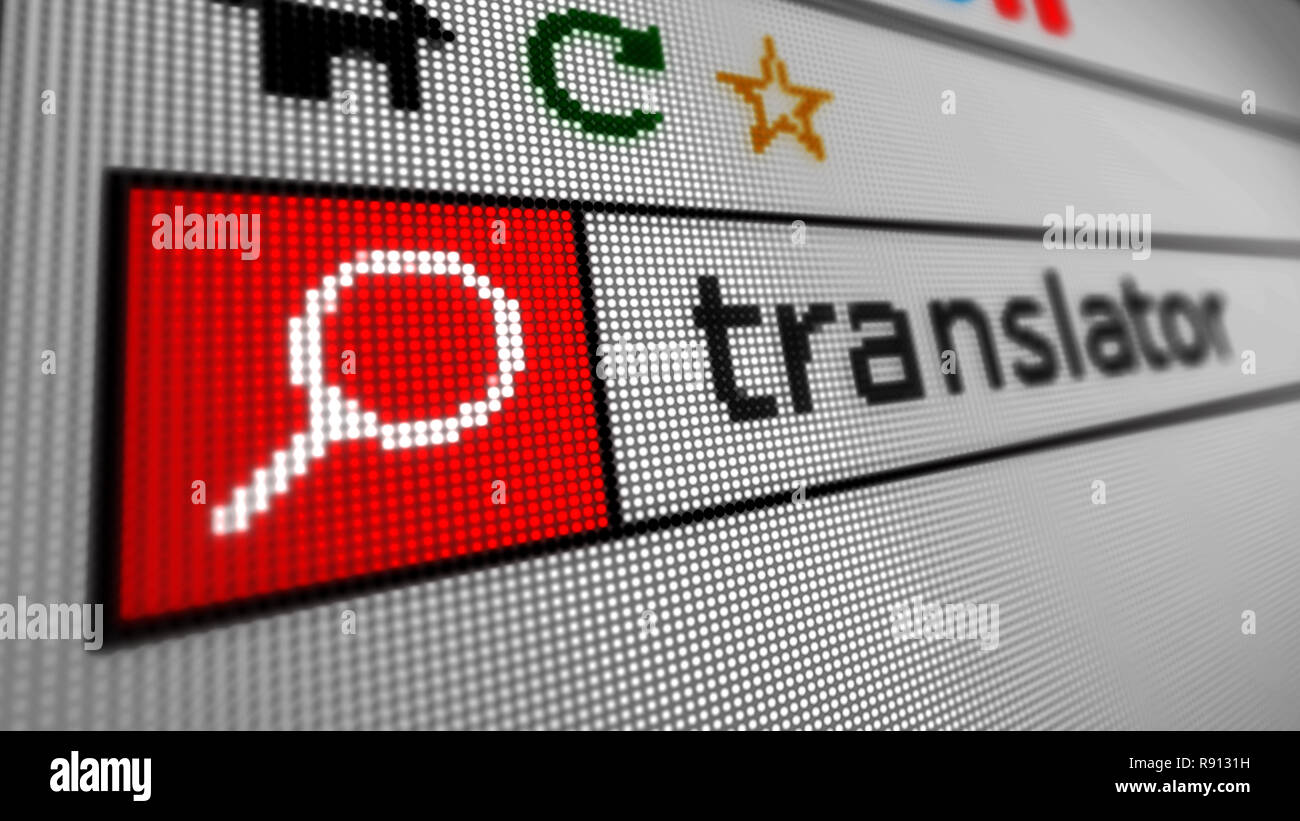 Ricerca di traduttore su Internet. Digitando la parola chiave nel browser WWW su computer, smartphone o tablet. Chiudere la vista dello schermo del display con pixel 3D Foto Stock