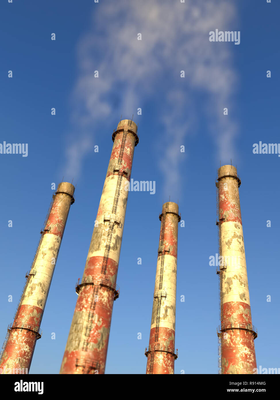 Quattro camini industriali la generazione di inquinamento in aria Foto Stock