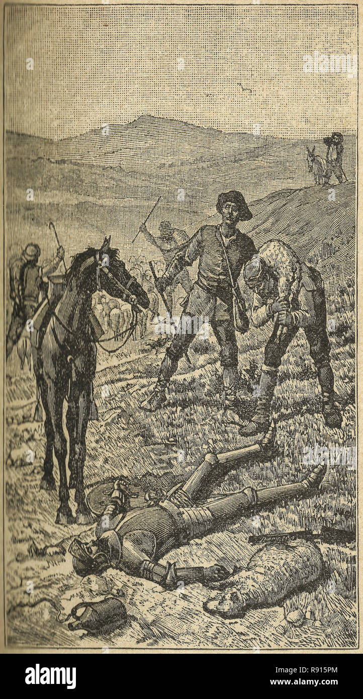 Don Chisciotte è abbattuto da pastori. Don Chisciotte romanzo scena. Illustrazione della Calleja Edition pubblicata nel 1916. Foto Stock